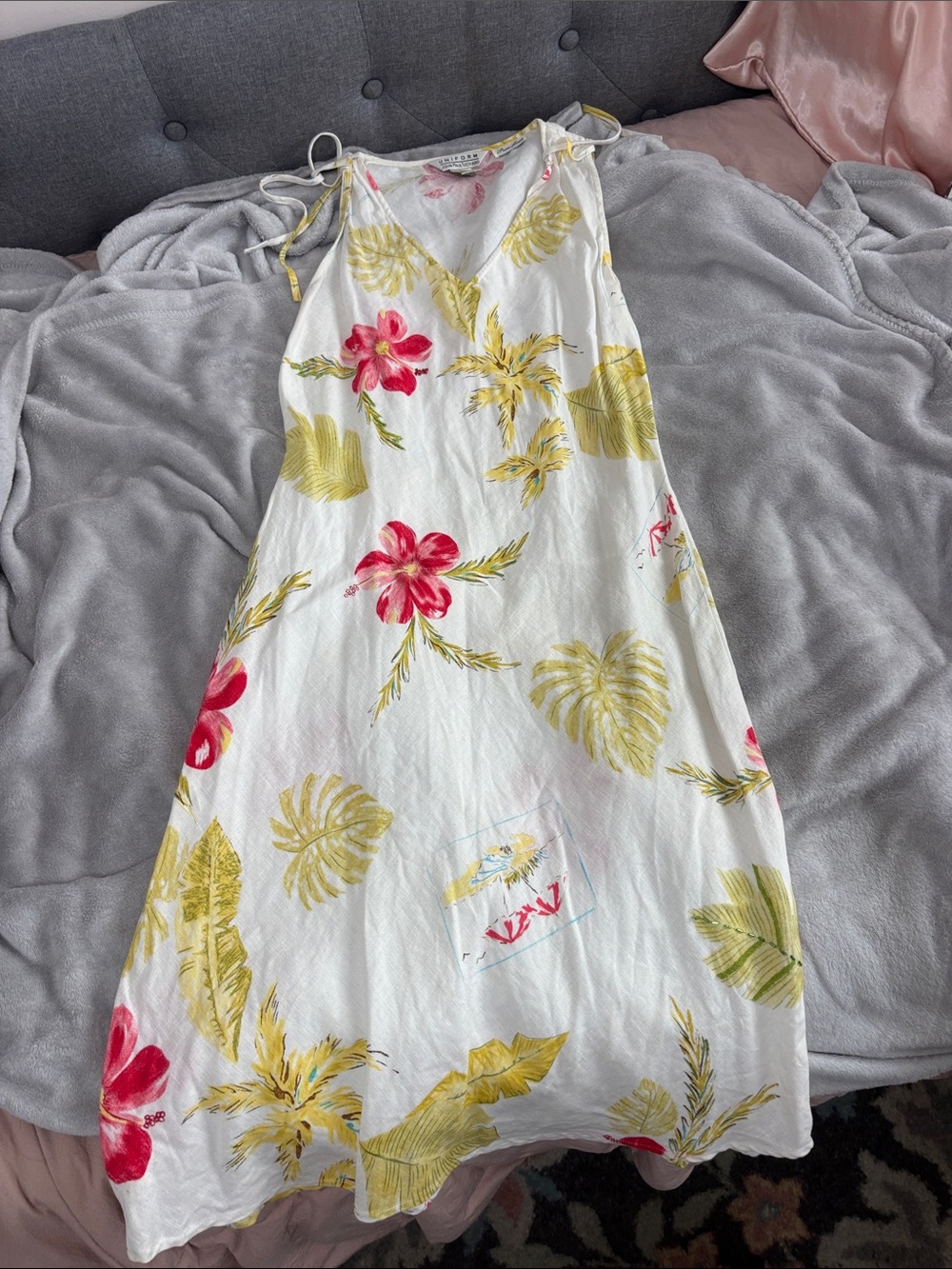 JohnPaulRichard White Linen Tropical Floral Dress with Pink and Yellow Accents